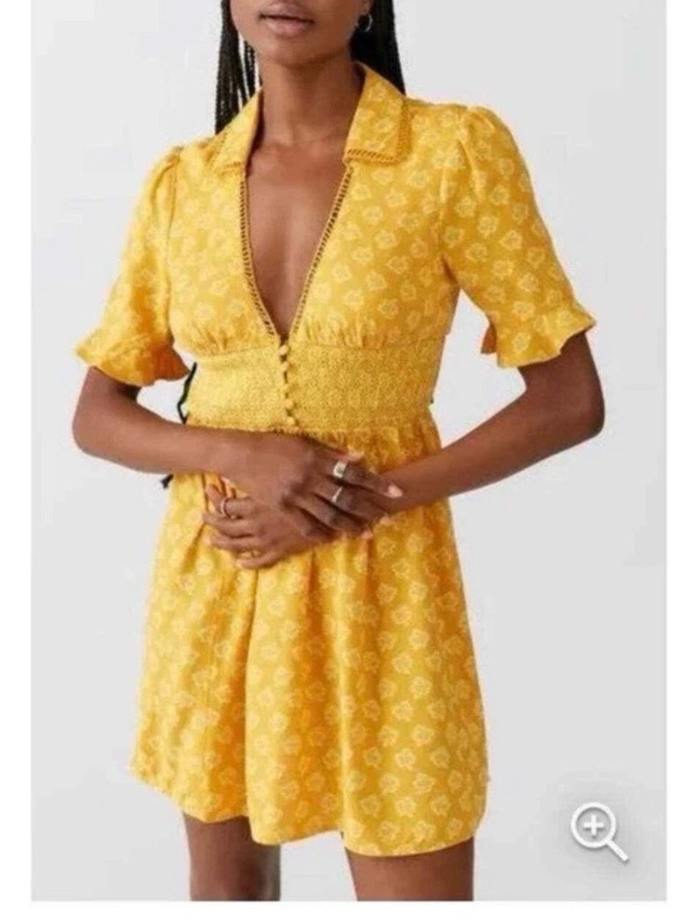 NWT Urban Outfitters Graziana Smocked Waist Yellow Printed  Mini Dress